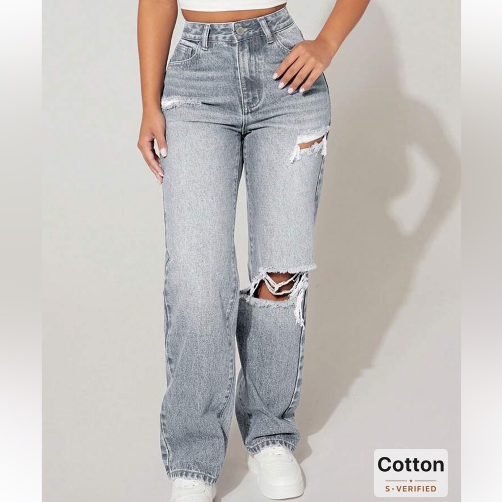 SHEIN PETITE Womens Front-Button Multi-Pocket Ripped Denim Jeans Gray Small/4 - Picture 12 of 12